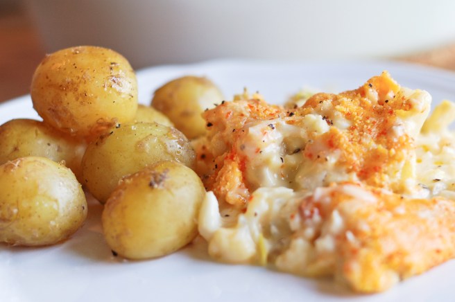 Gratíneraður fiskur með púrrlauk og blómkáli