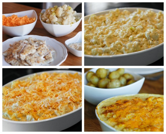 Gratíneraður fiskur með púrrlauk og blómkáli