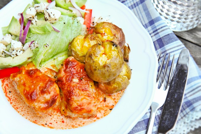 Kjúklingur í mildri chilisósu með krumpuðum kartöflum