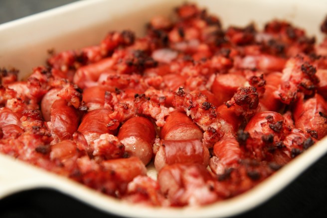 Pylsugratín með kartöflumús